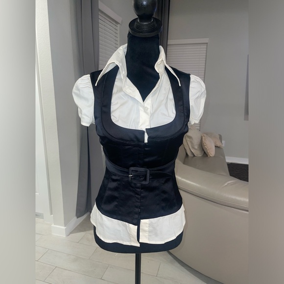 Y2K Bebe corset hook & eye closure shirt belted blouse US 2 - Picture 2 of 7